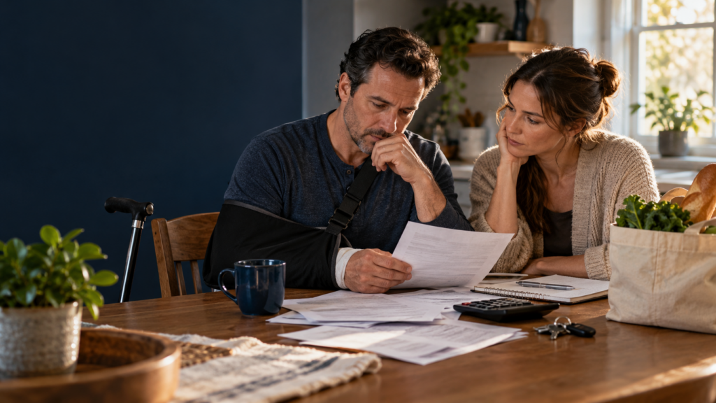 Injured man with his arm in a sling reviewing bills at the kitchen table with his partner