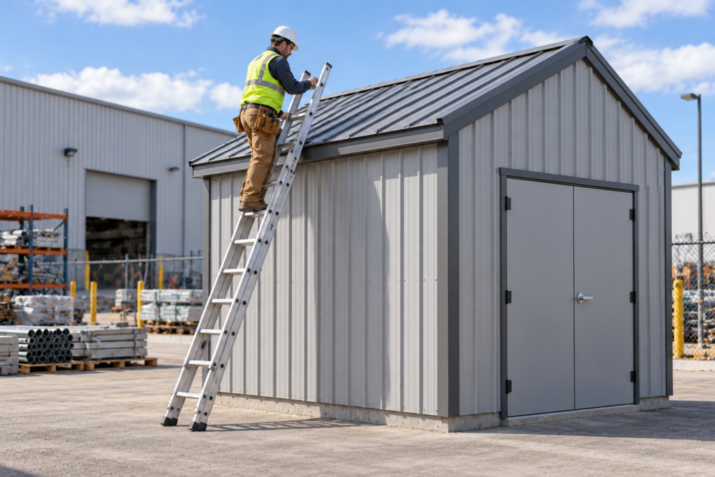 Illustration of a construction worker on an extension ladder against the roof of a commercial shed