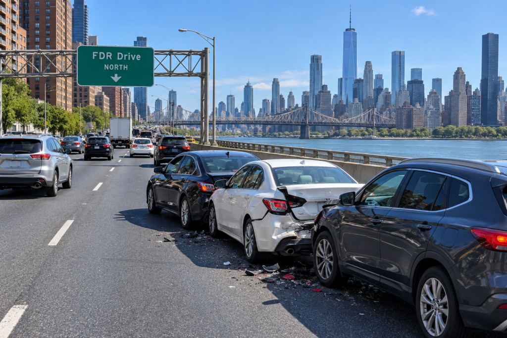 Illustration of a three-car crash in the right lane of the FDR Drive northbound, with the Manhattan skyline and the East River