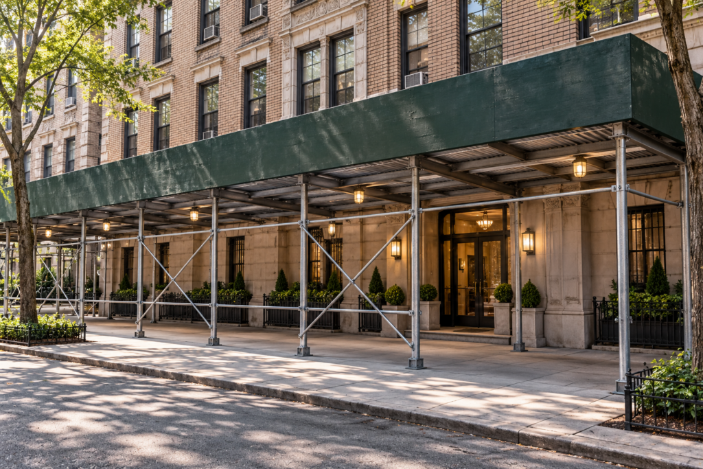 A sidewalk shed along a New York City apartment building