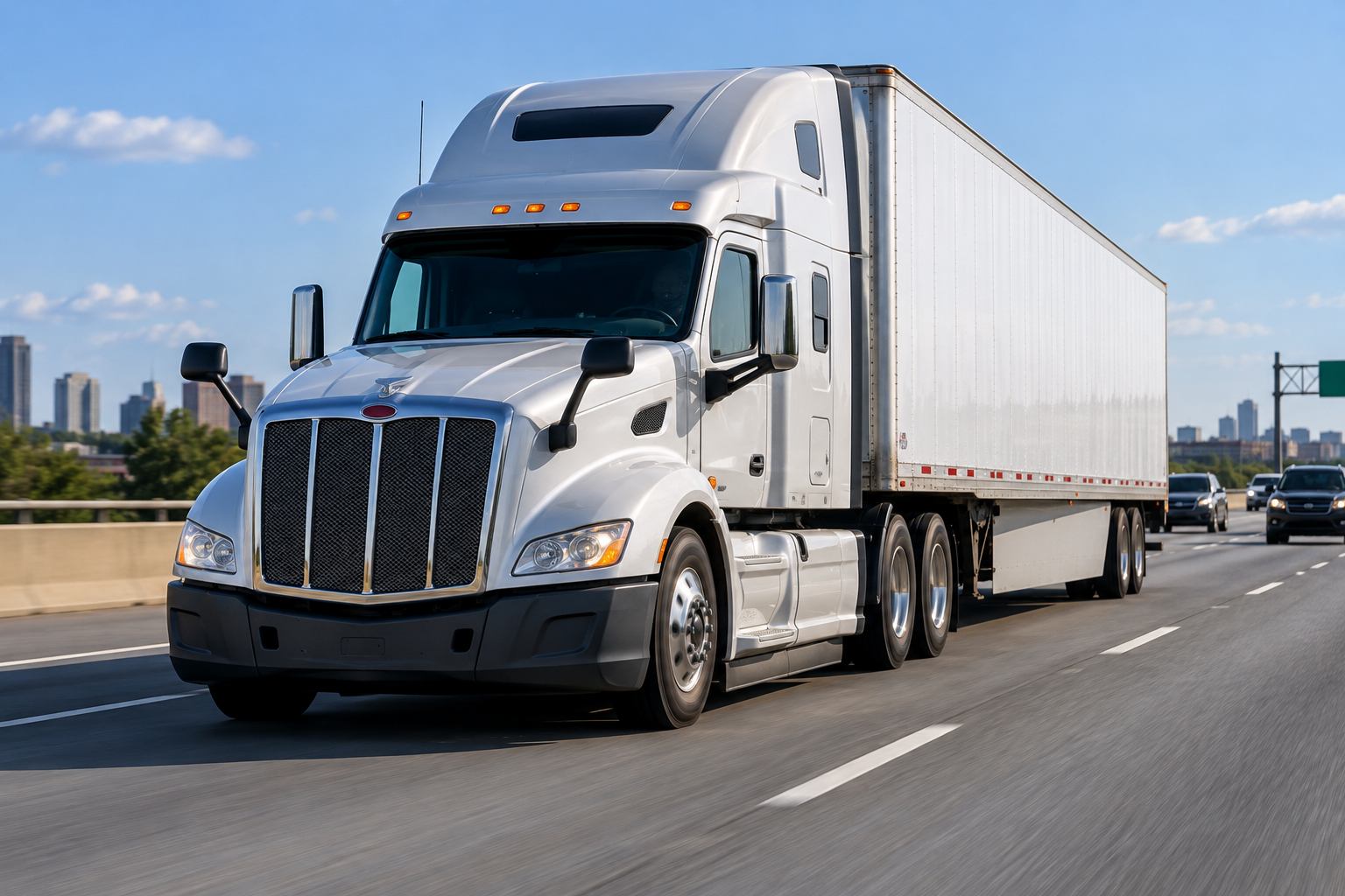 Silver tractor-trailer traveling on a city highway
