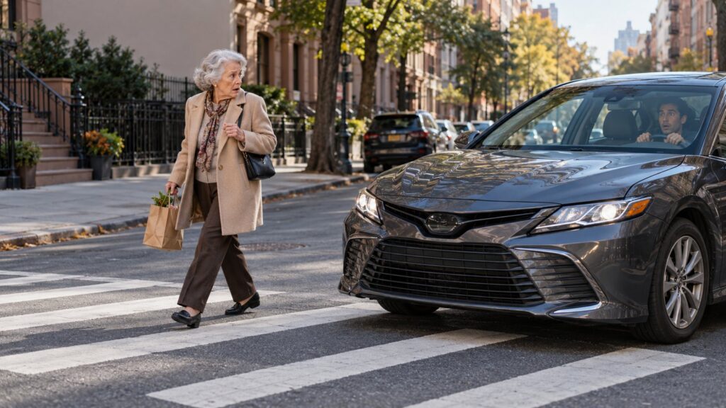 Illustration of an older woman in a Brooklyn crosswalk as a car approaches