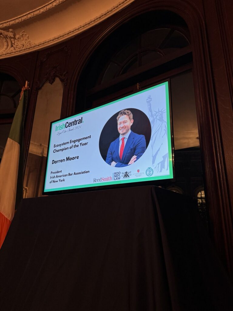IrishCentral Legal Elite Awards 2024 screen naming Darren Moore Ecosystem Engagement Champion of the Year