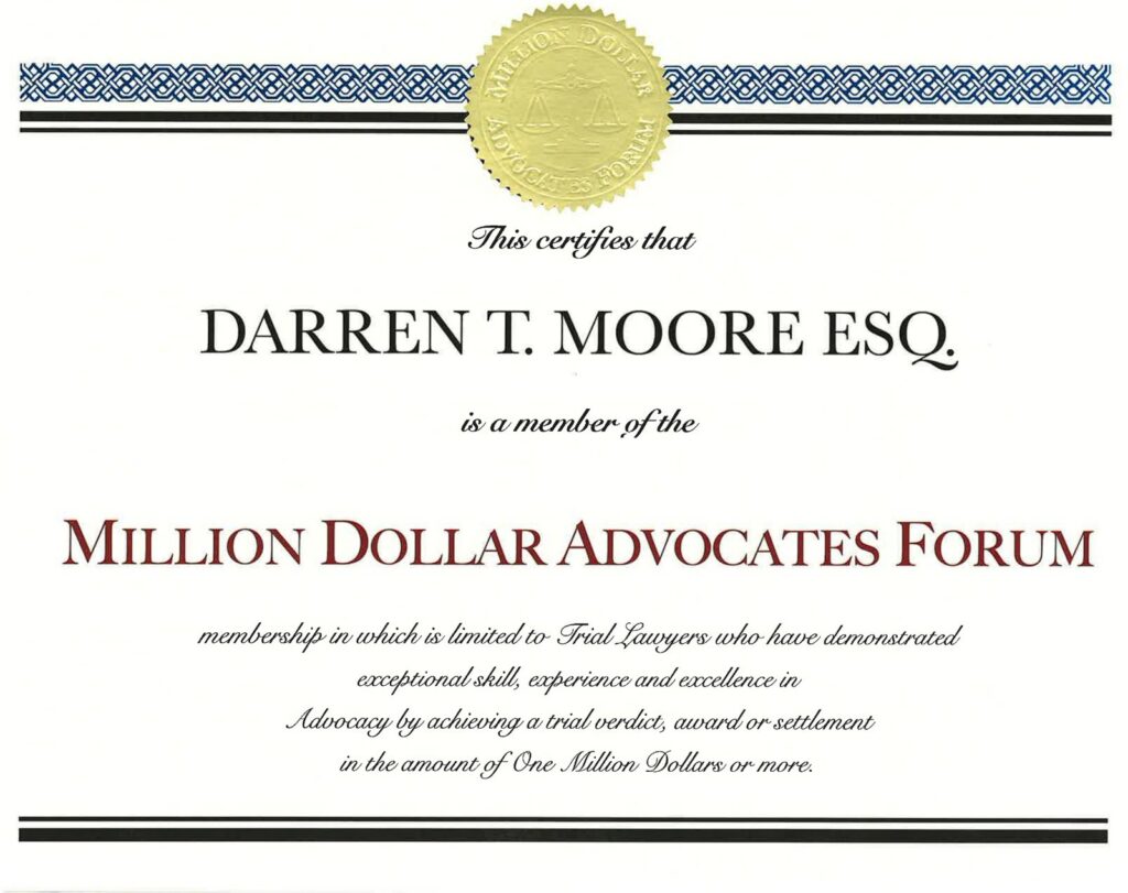 Certificado de membresía en el Million Dollar Advocates Forum de Darren T. Moore