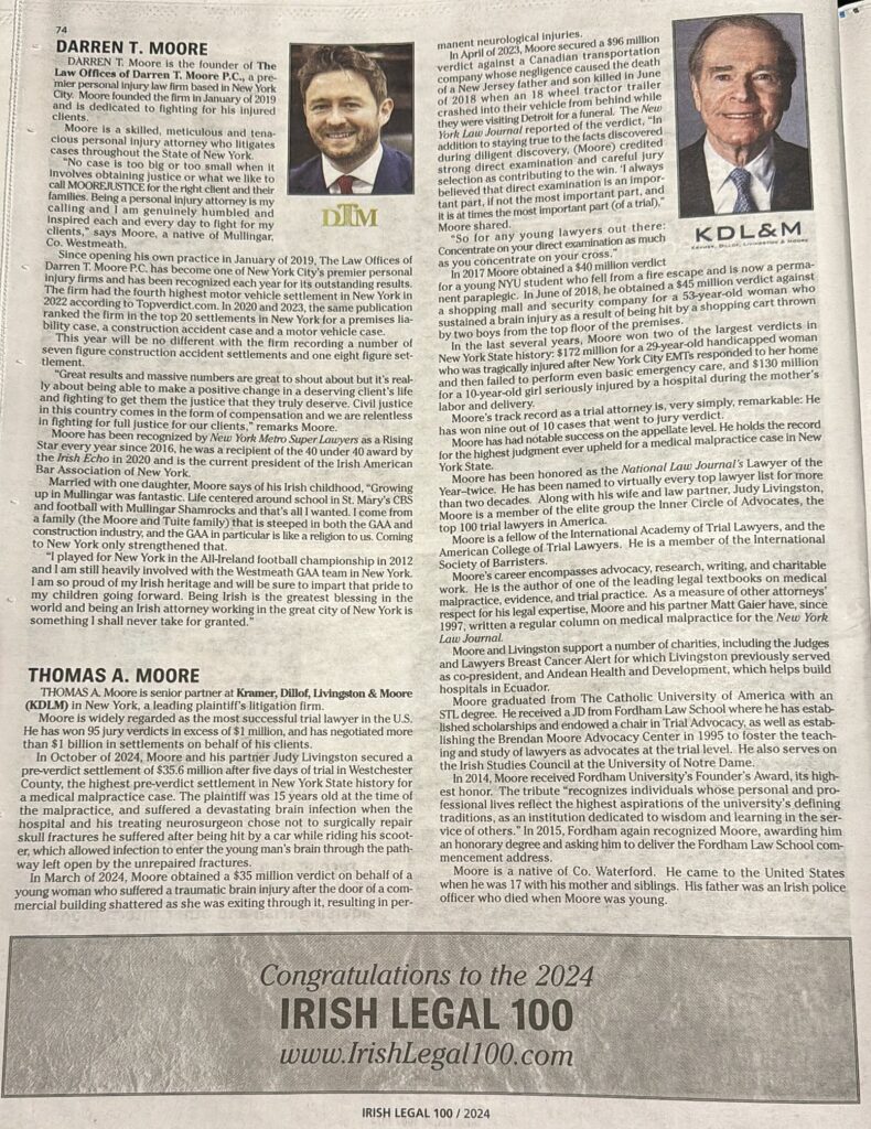 Irish Legal 100 2024 page with profiles of Darren T. Moore and Thomas A. Moore