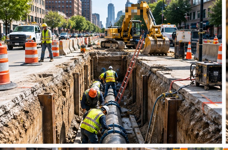 Illustration of an open street trench in New York City with steel shoring along the walls and workers laying a water main