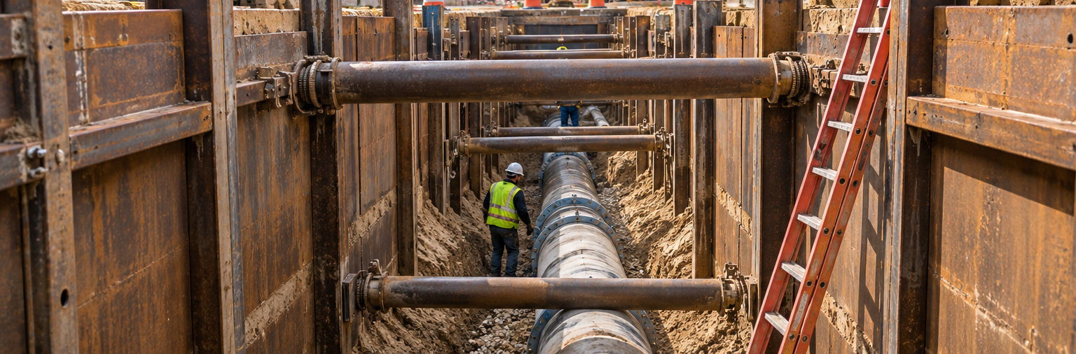 Illustration of a deep trench lined with steel sheeting and braced with horizontal cross struts, a ladder for access and a worker beside a pipe